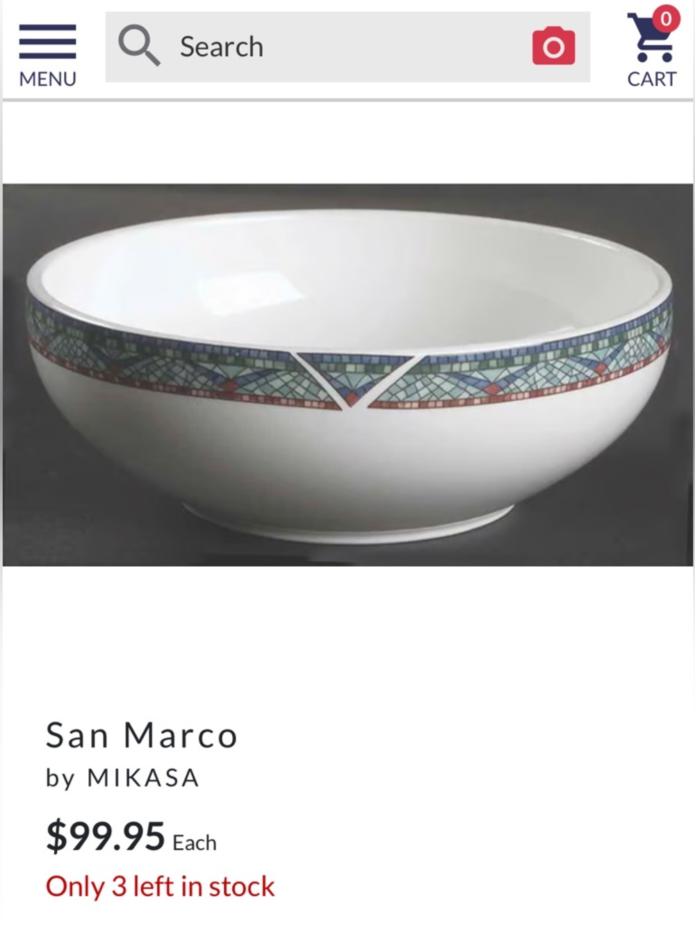 Mikasa San Marco White Bowl with Blue, Green and Red Mosaic Rim - Rare Find